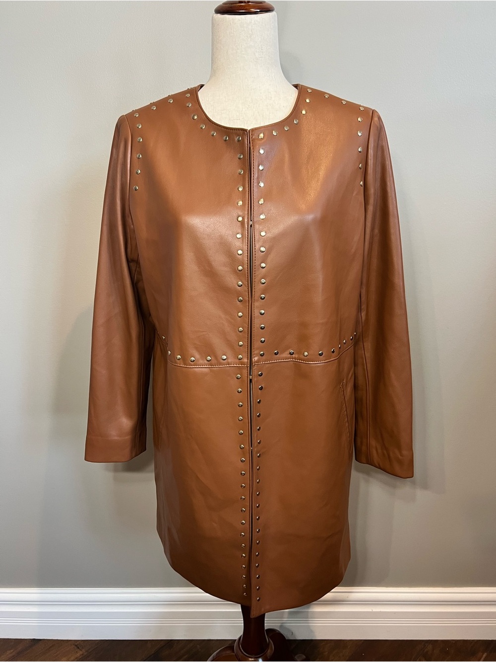 Chico's Cognac Faux Leather Stud-Trim Coat, Washable (NEW) - Picture 2 of 9